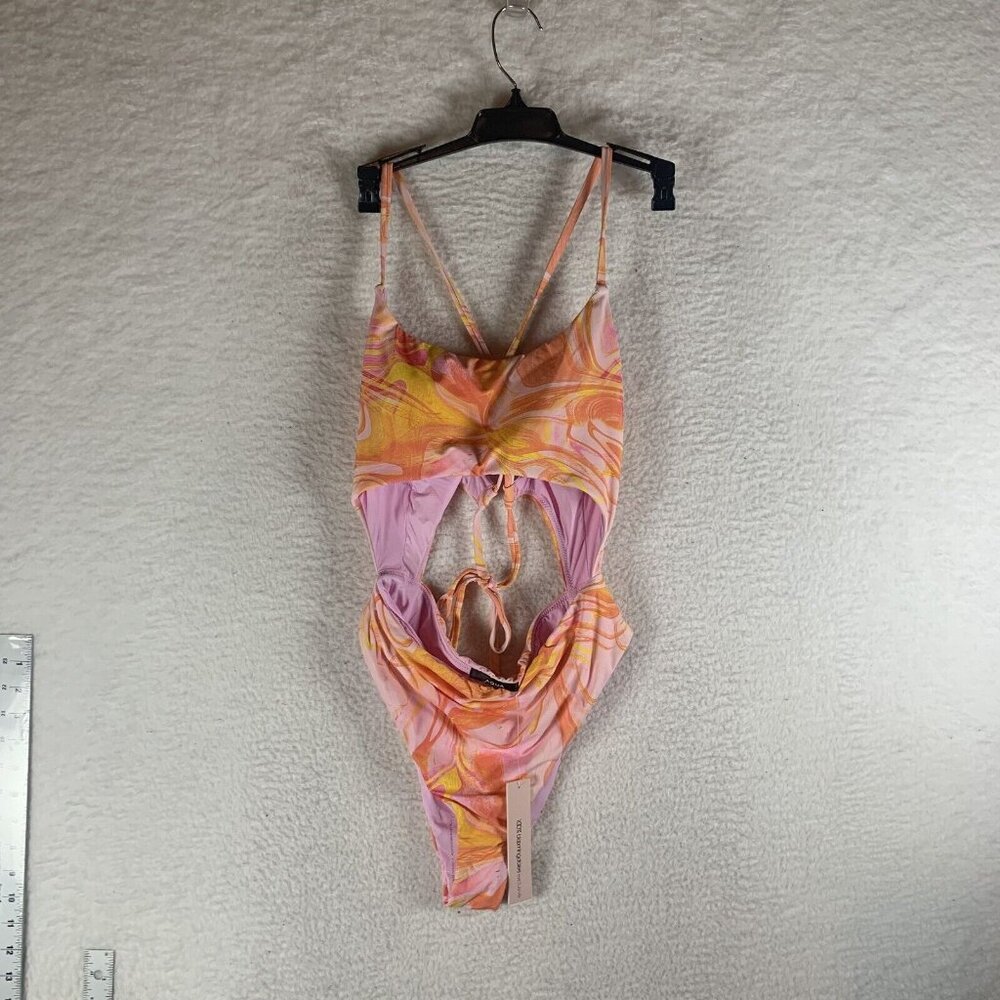 Aqua Swim One Piece Swimsuit‎ Women's Small Pink Multi Swirl Print Cutout S9813